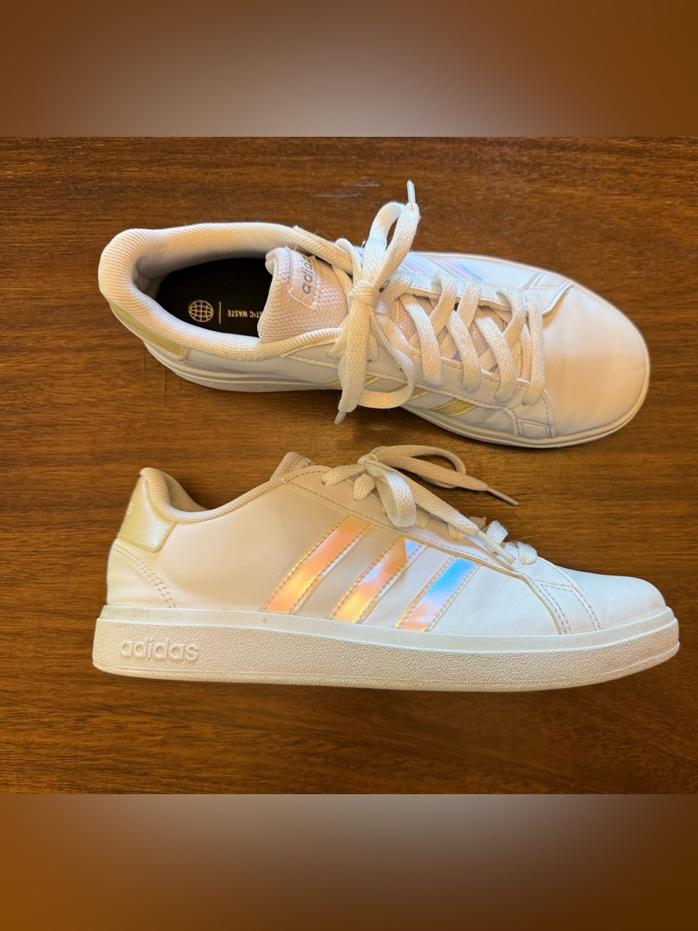 adidas Women's White Sneakers with Iridescent Three Stripes Size 6